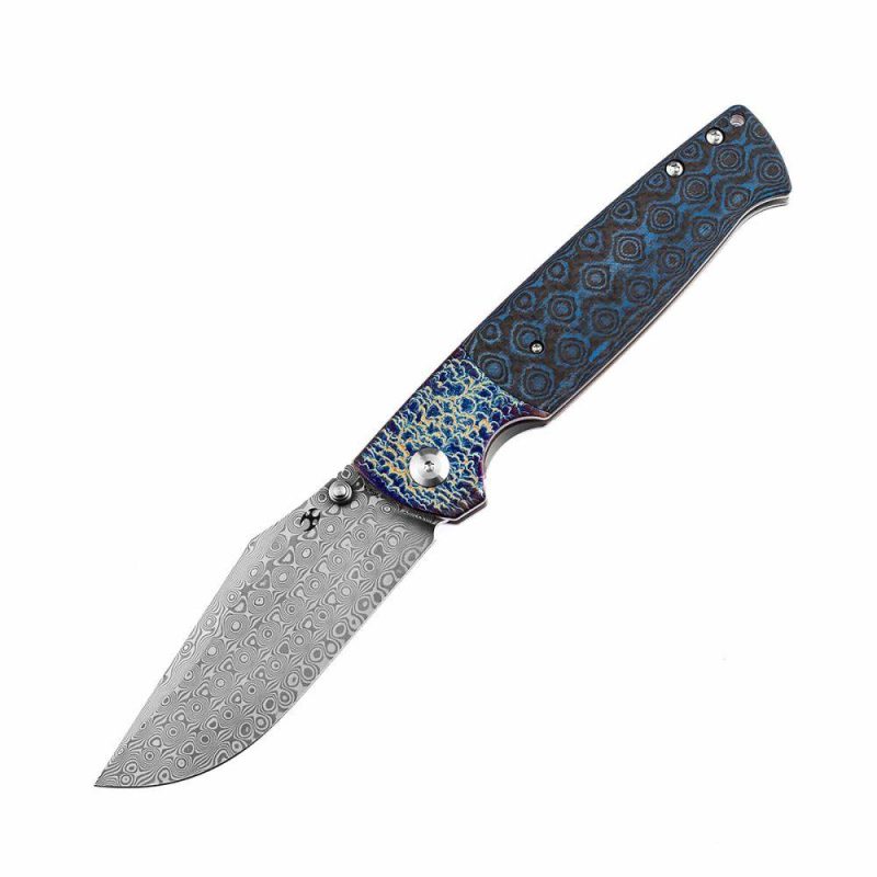 Shikari K1027A7 Rose Pattern Damascus Blade Lightning Strike Titanium + Black and Blue Carbon Fiber Inlays+Timascus clip Handle with Morgan Koens Dessign | Folding Pocket Knives