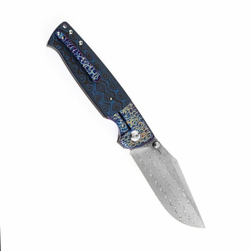 Shikari K1027A7 Rose Pattern Damascus Blade Lightning Strike Titanium + Black and Blue Carbon Fiber Inlays+Timascus clip Handle with Morgan Koens Dessign | Folding Pocket Knives