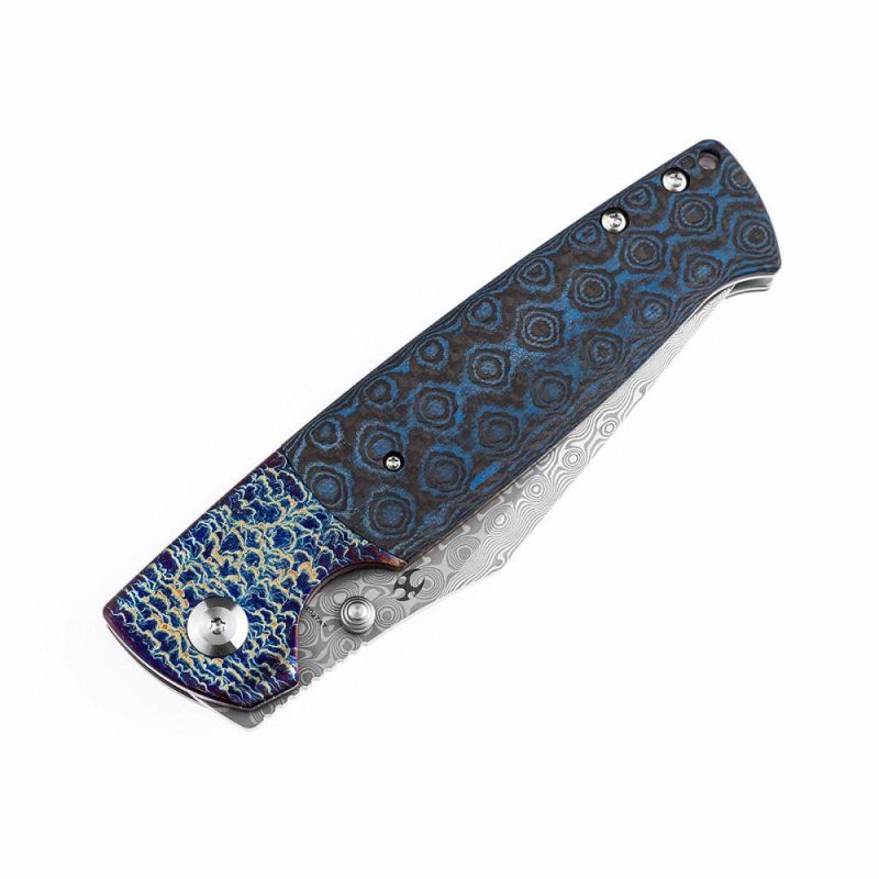 Shikari K1027A7 Rose Pattern Damascus Blade Lightning Strike Titanium + Black and Blue Carbon Fiber Inlays+Timascus clip Handle with Morgan Koens Dessign | Folding Pocket Knives