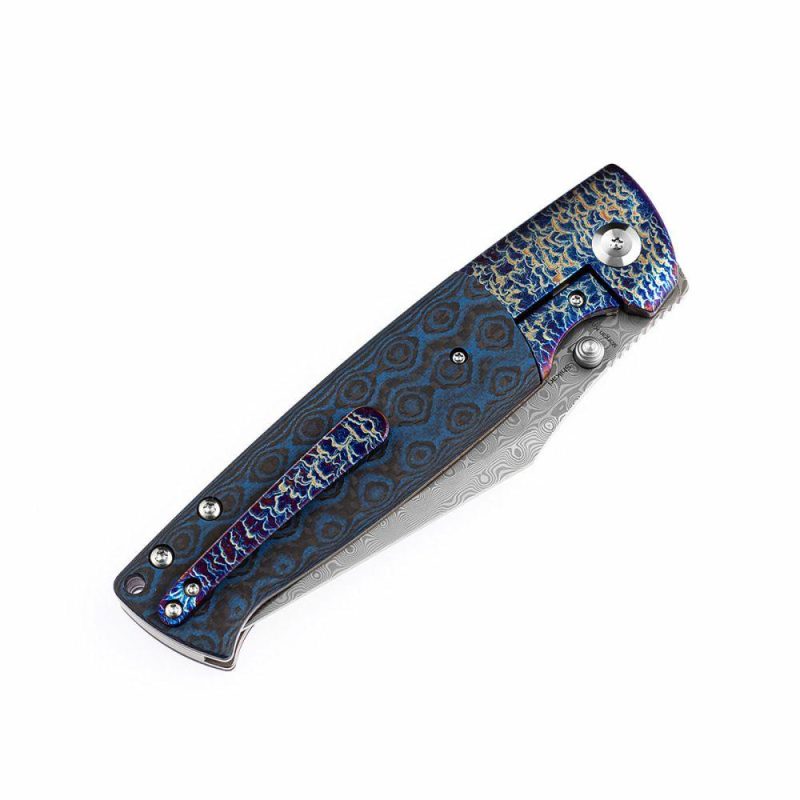 Shikari K1027A7 Rose Pattern Damascus Blade Lightning Strike Titanium + Black and Blue Carbon Fiber Inlays+Timascus clip Handle with Morgan Koens Dessign | Folding Pocket Knives