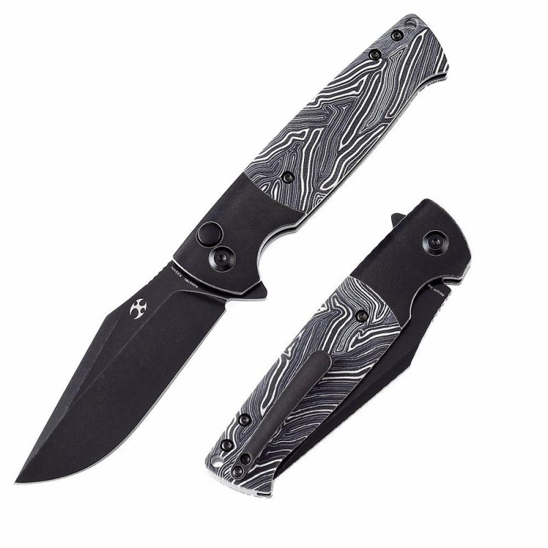 Shikari SBL Button Lock K2027B1 Black Stonewashed CPM S35VN Blade Black Stonewashed Titanium +Black White Gmascus Handle with Morgan Koens Dessign | Folding Pocket Knives