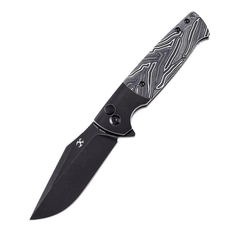 Shikari SBL Button Lock K2027B1 Black Stonewashed CPM S35VN Blade Black Stonewashed Titanium +Black White Gmascus Handle with Morgan Koens Dessign | Folding Pocket Knives