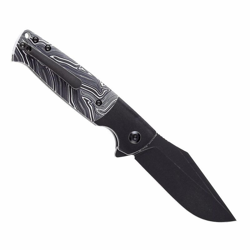 Shikari SBL Button Lock K2027B1 Black Stonewashed CPM S35VN Blade Black Stonewashed Titanium +Black White Gmascus Handle with Morgan Koens Dessign | Folding Pocket Knives