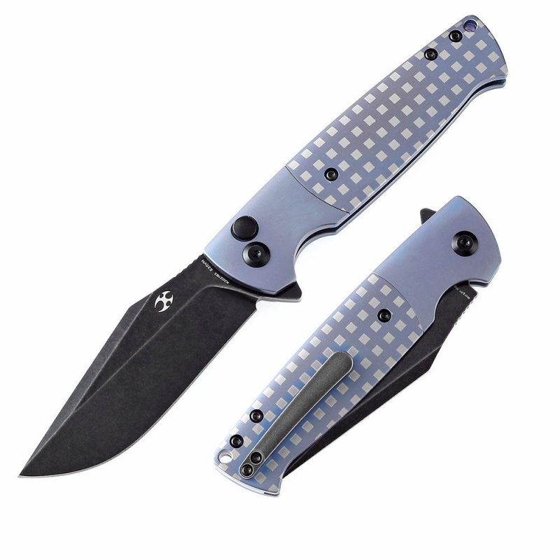 Shikari SBL Button Lock K2027B2 Black Stonewashed CPM S35VN Blade Blue Anodized Titanium with White Square Pattern Handle with Morgan Koens Dessign | Folding Pocket Knives