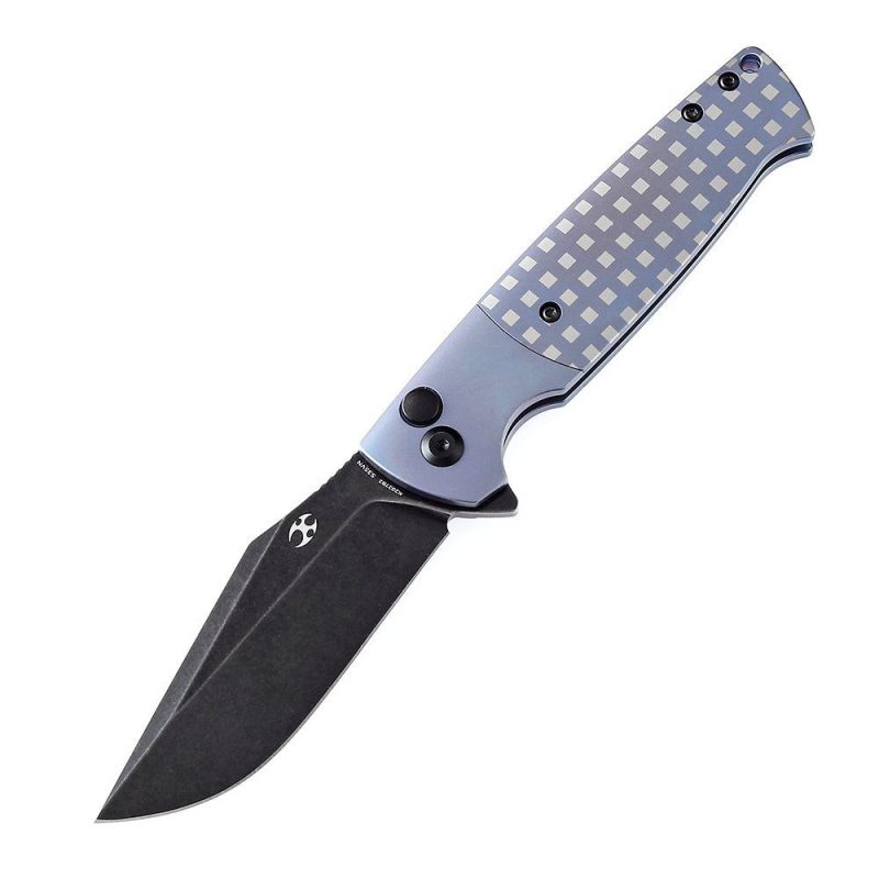 Shikari SBL Button Lock K2027B2 Black Stonewashed CPM S35VN Blade Blue Anodized Titanium with White Square Pattern Handle with Morgan Koens Dessign | Folding Pocket Knives