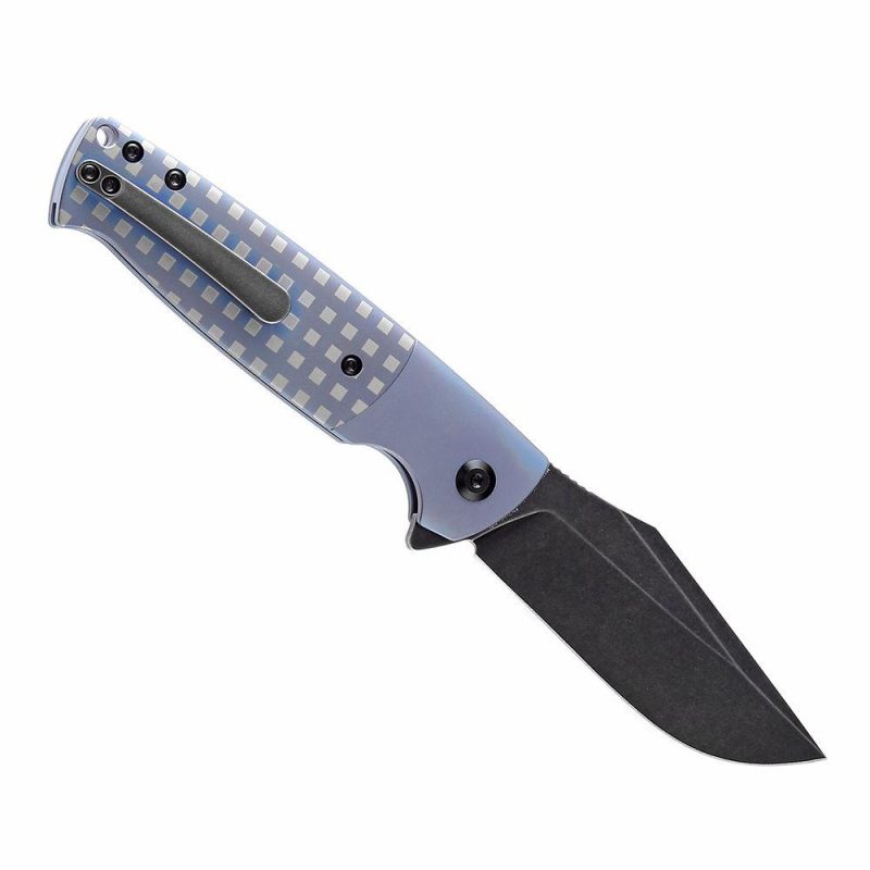 Shikari SBL Button Lock K2027B2 Black Stonewashed CPM S35VN Blade Blue Anodized Titanium with White Square Pattern Handle with Morgan Koens Dessign | Folding Pocket Knives