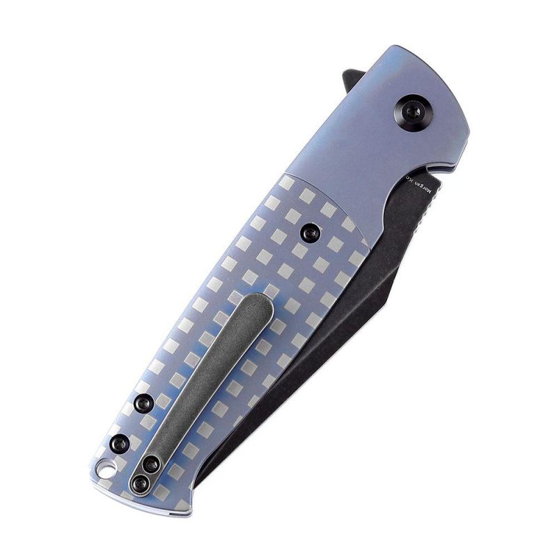 Shikari SBL Button Lock K2027B2 Black Stonewashed CPM S35VN Blade Blue Anodized Titanium with White Square Pattern Handle with Morgan Koens Dessign | Folding Pocket Knives