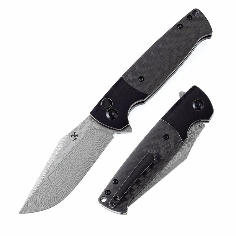 Shikari SBL Button Lock K2027D1 Damascus Blade Black Stonewashed Titanium +Twill Carbon Fiber Handle with Morgan Koens Dessign | Folding Pocket Knives