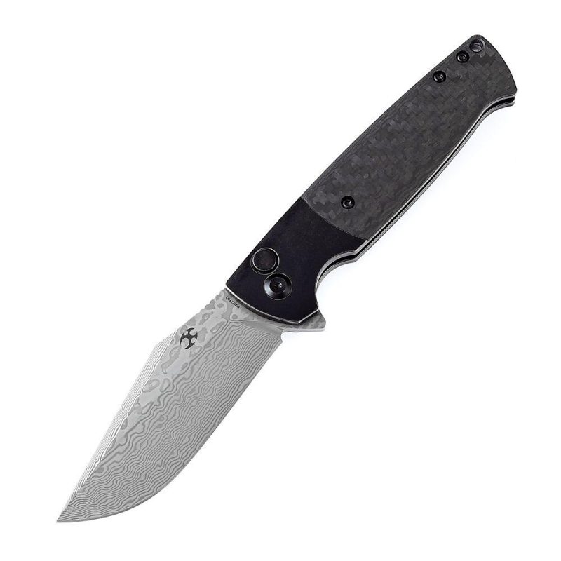 Shikari SBL Button Lock K2027D1 Damascus Blade Black Stonewashed Titanium +Twill Carbon Fiber Handle with Morgan Koens Dessign | Folding Pocket Knives