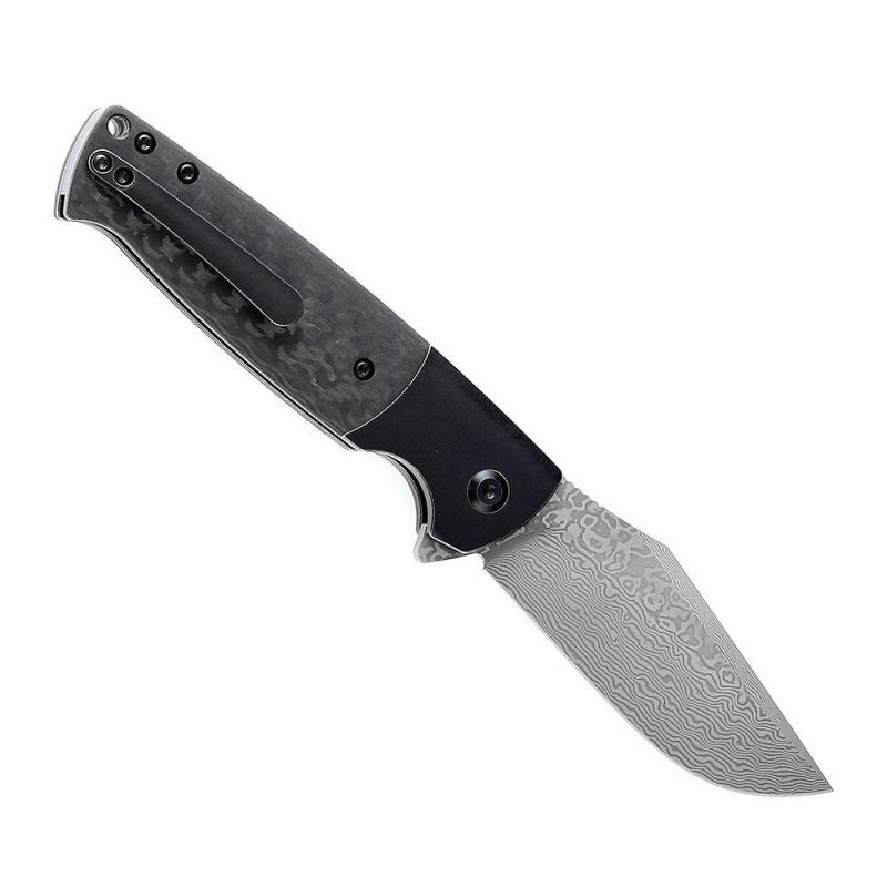 Shikari SBL Button Lock K2027D1 Damascus Blade Black Stonewashed Titanium +Twill Carbon Fiber Handle with Morgan Koens Dessign | Folding Pocket Knives