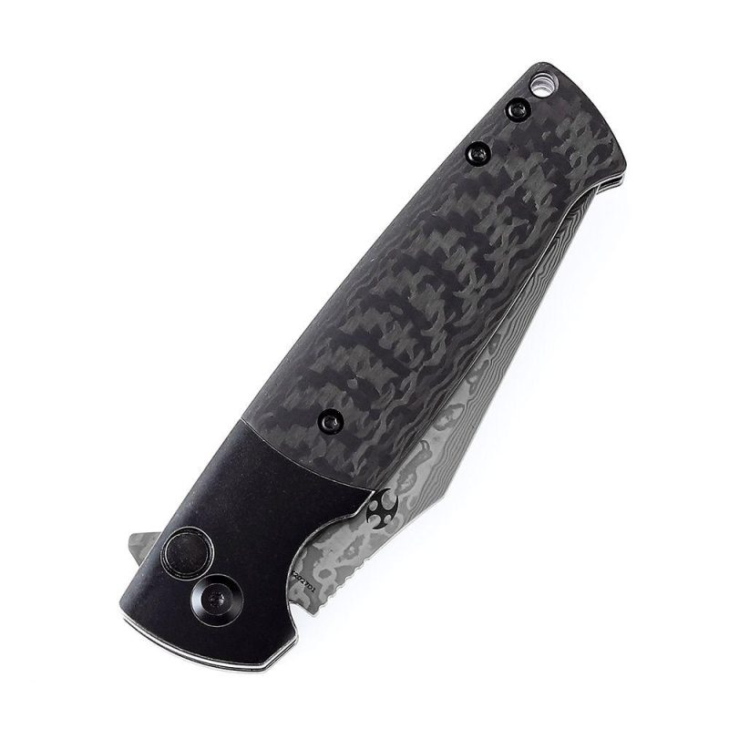 Shikari SBL Button Lock K2027D1 Damascus Blade Black Stonewashed Titanium +Twill Carbon Fiber Handle with Morgan Koens Dessign | Folding Pocket Knives