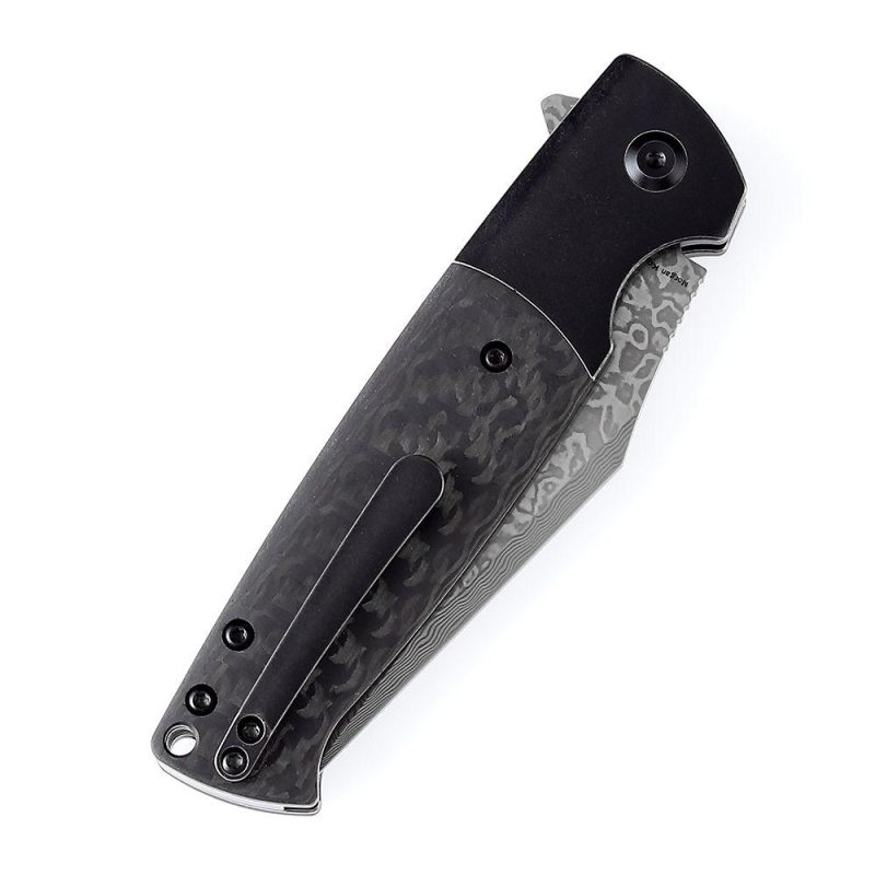 Shikari SBL Button Lock K2027D1 Damascus Blade Black Stonewashed Titanium +Twill Carbon Fiber Handle with Morgan Koens Dessign | Folding Pocket Knives