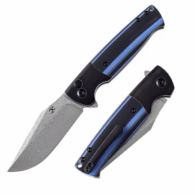 Shikari SBL Button Lock K2027D2 Damascus Blade Black Stonewashed Titanium +Blue Black G10 Handle with Morgan Koens Dessign | Folding Pocket Knives