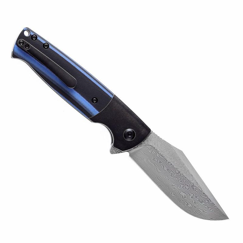 Shikari SBL Button Lock K2027D2 Damascus Blade Black Stonewashed Titanium +Blue Black G10 Handle with Morgan Koens Dessign | Folding Pocket Knives