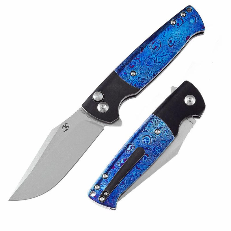 Shikari SBL Button Lock K2027M1 Stonewashed CPM-S35VN Blade Black Stonewashed Titanium +Timascus Handle with Morgan Koens Dessign | Folding Pocket Knives