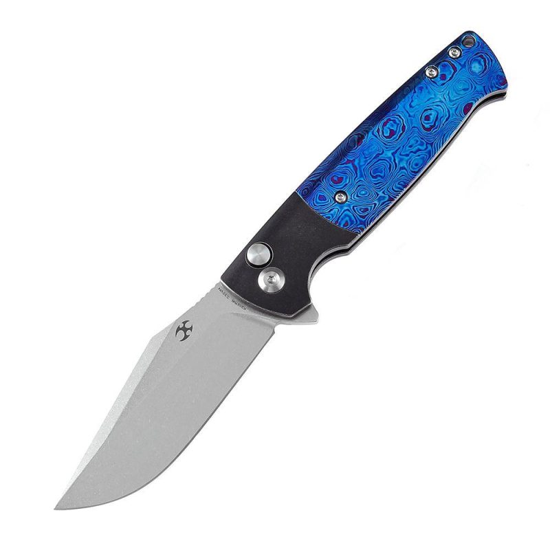 Shikari SBL Button Lock K2027M1 Stonewashed CPM-S35VN Blade Black Stonewashed Titanium +Timascus Handle with Morgan Koens Dessign | Folding Pocket Knives