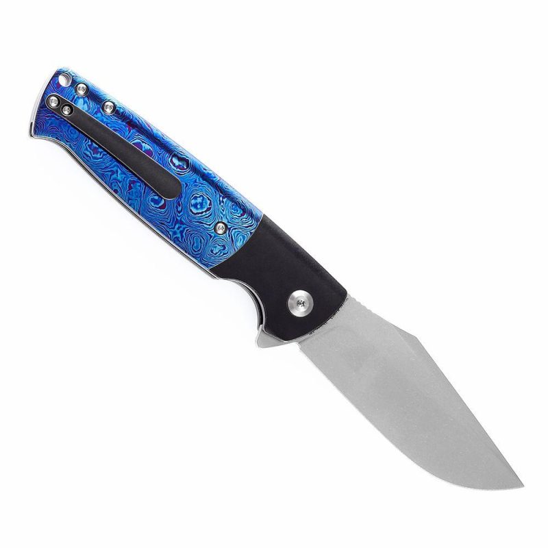 Shikari SBL Button Lock K2027M1 Stonewashed CPM-S35VN Blade Black Stonewashed Titanium +Timascus Handle with Morgan Koens Dessign | Folding Pocket Knives