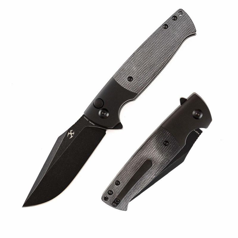 Shikari SBL Button Lock T2027B1 Black Stonewashed 154CM Blade Black Aluminum + Black Micarta Handle with Morgan Koens Dessign | Folding Pocket Knives