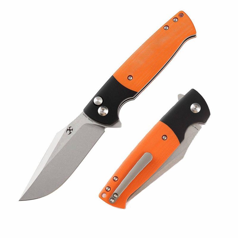 Shikari SBL Button Lock T2027B2 Stonewashed 154CM Blade Black Aluminum + Orange G10 Handle with Morgan Koens Dessign | Folding Pocket Knives