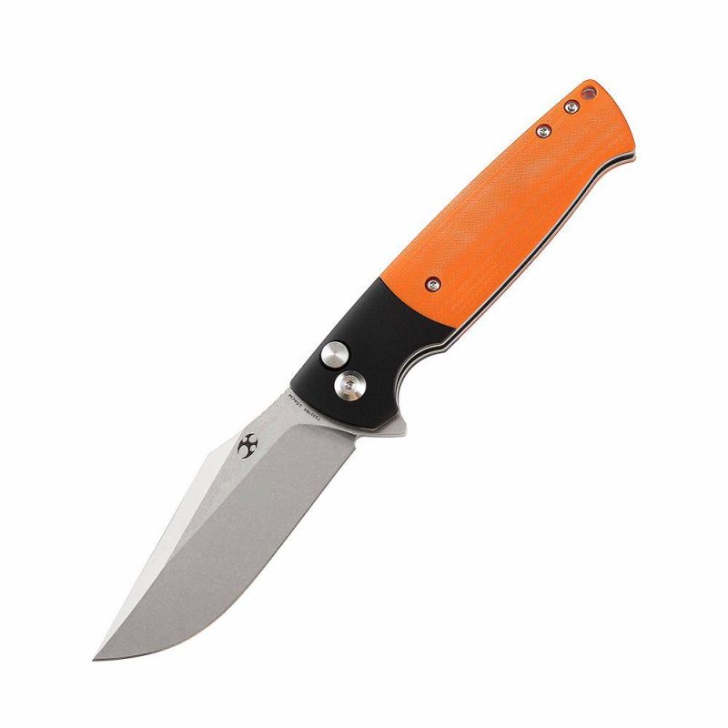 Shikari SBL Button Lock T2027B2 Stonewashed 154CM Blade Black Aluminum + Orange G10 Handle with Morgan Koens Dessign | Folding Pocket Knives