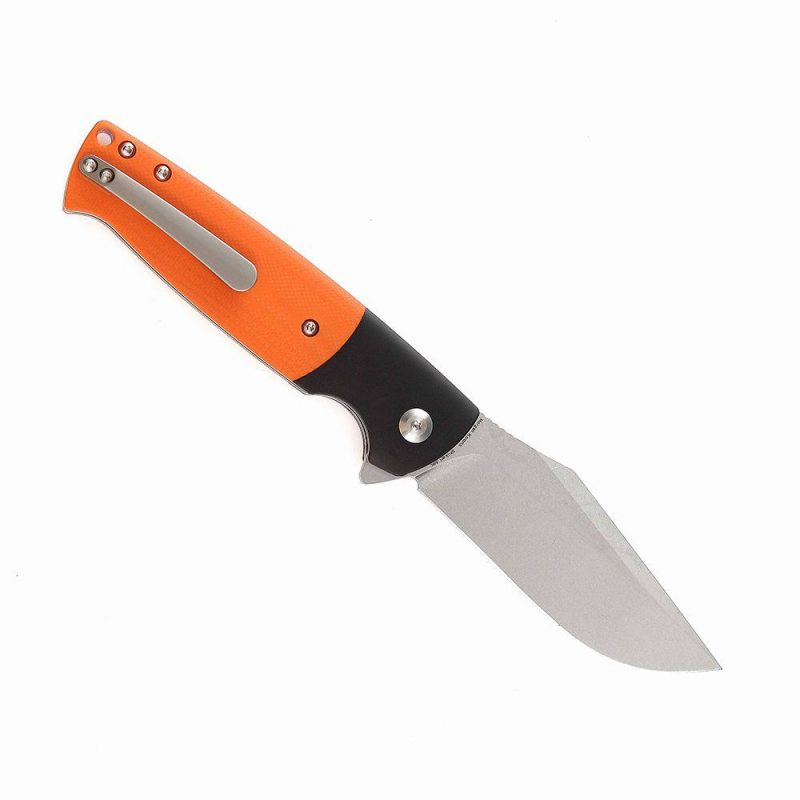 Shikari SBL Button Lock T2027B2 Stonewashed 154CM Blade Black Aluminum + Orange G10 Handle with Morgan Koens Dessign | Folding Pocket Knives