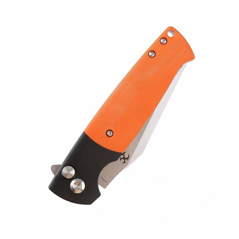 Shikari SBL Button Lock T2027B2 Stonewashed 154CM Blade Black Aluminum + Orange G10 Handle with Morgan Koens Dessign | Folding Pocket Knives