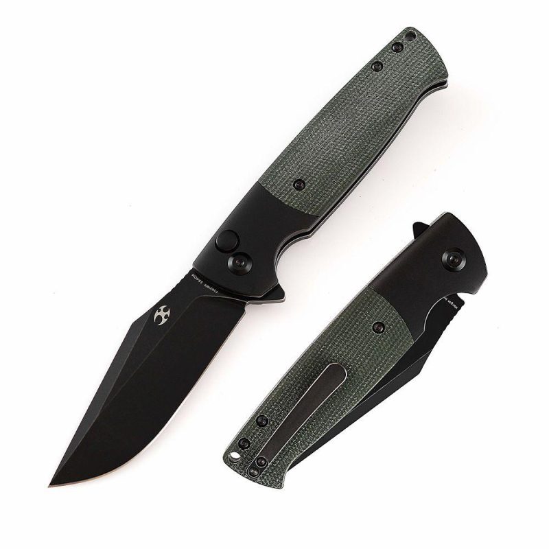 Shikari SBL Button Lock T2027B3 Black Stonewashed 154CM Blade Black Aluminum + Green Micarta Handle with Morgan Koens Dessign | Folding Pocket Knives