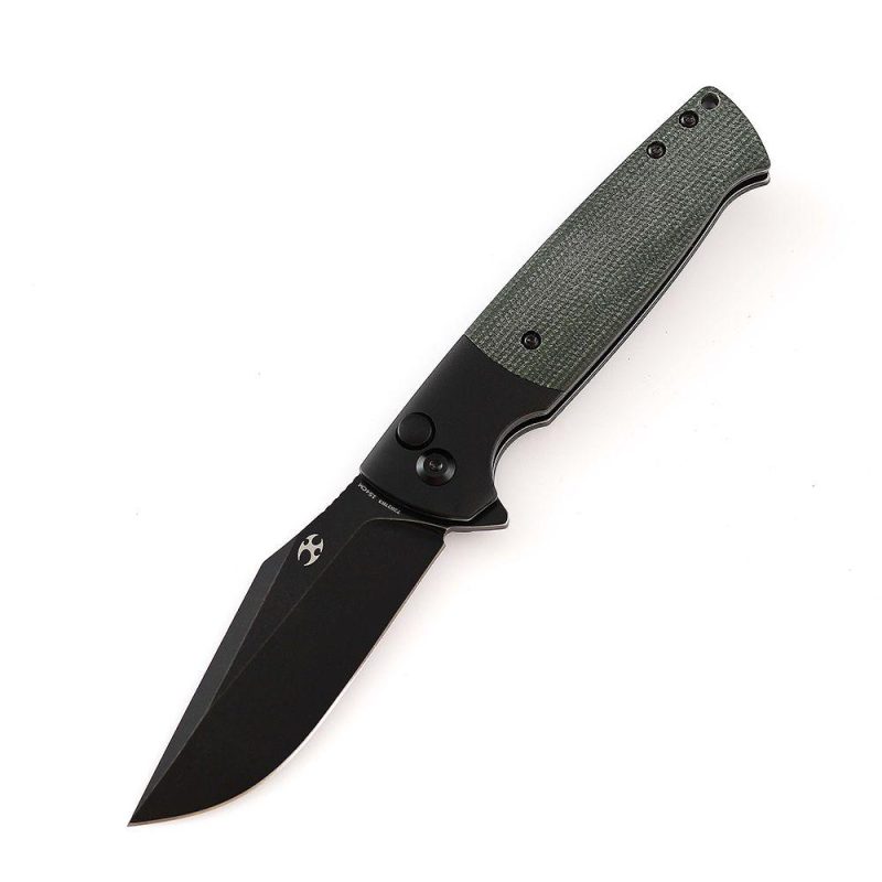 Shikari SBL Button Lock T2027B3 Black Stonewashed 154CM Blade Black Aluminum + Green Micarta Handle with Morgan Koens Dessign | Folding Pocket Knives