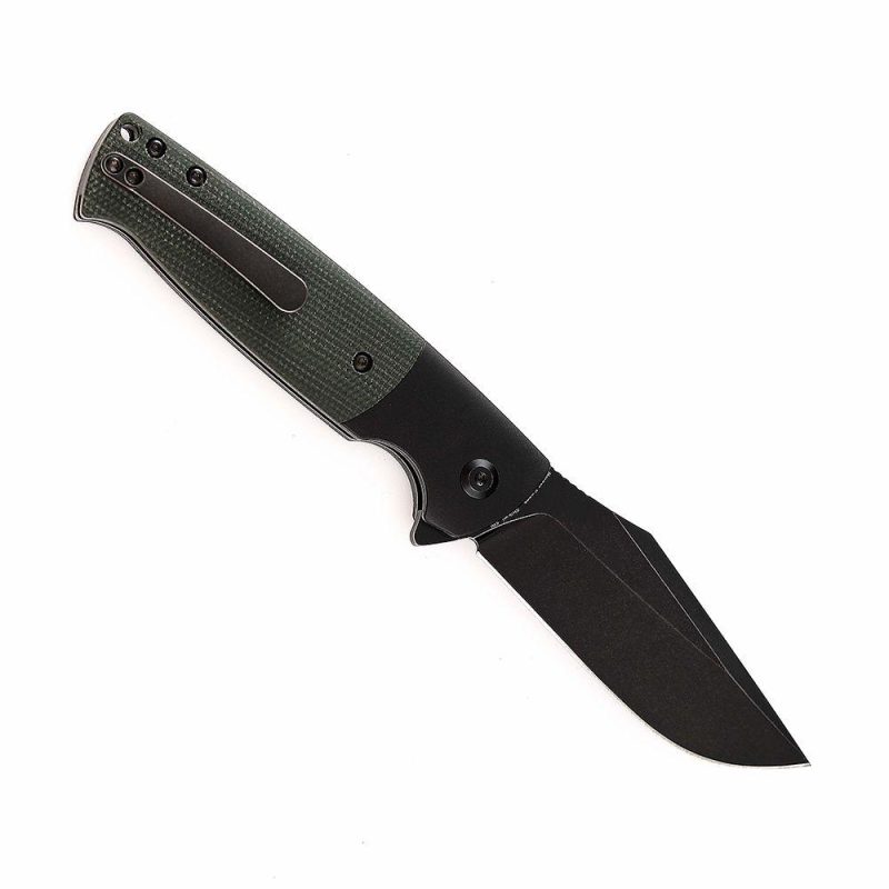 Shikari SBL Button Lock T2027B3 Black Stonewashed 154CM Blade Black Aluminum + Green Micarta Handle with Morgan Koens Dessign | Folding Pocket Knives