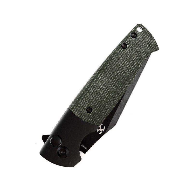 Shikari SBL Button Lock T2027B3 Black Stonewashed 154CM Blade Black Aluminum + Green Micarta Handle with Morgan Koens Dessign | Folding Pocket Knives