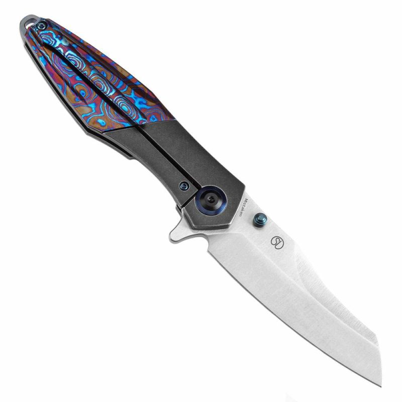 Thumb Stub Mistaken Blackwash Titanium and Timascus with Timascus Clip (3.15" CPM 20CV) Jonathan Styles Design- K1053A3 Black/Purple | Folding Pocket Knives