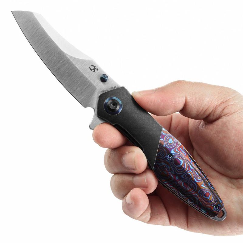 Thumb Stub Mistaken Blackwash Titanium and Timascus with Timascus Clip (3.15" CPM 20CV) Jonathan Styles Design- K1053A3 Black/Purple | Folding Pocket Knives