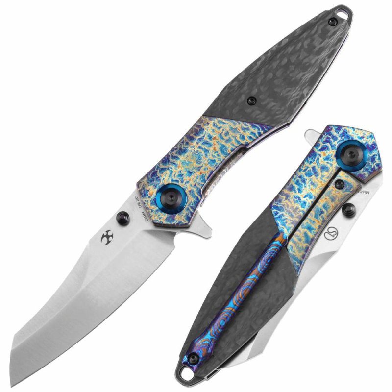 Thumb Stub Mistaken Lightning Strike Finish Titanium and Twill Carbon Fiber with Timascus Clip (3.15" CPM 20CV) Jonathan Styles Design- K1053A4 Black/Purple | Folding Pocket Knives