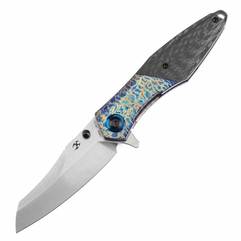 Thumb Stub Mistaken Lightning Strike Finish Titanium and Twill Carbon Fiber with Timascus Clip (3.15" CPM 20CV) Jonathan Styles Design- K1053A4 Black/Purple | Folding Pocket Knives