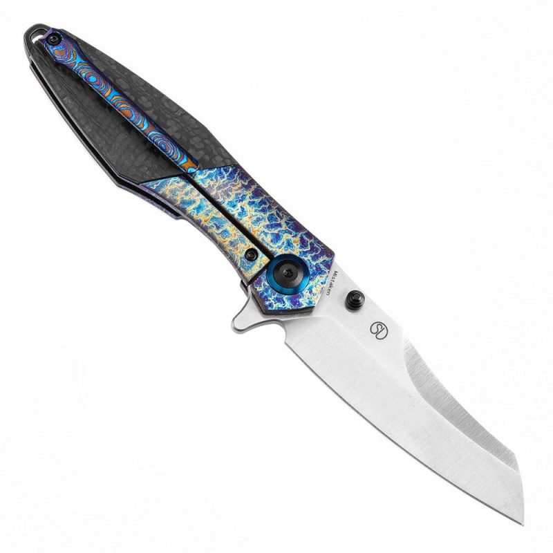 Thumb Stub Mistaken Lightning Strike Finish Titanium and Twill Carbon Fiber with Timascus Clip (3.15" CPM 20CV) Jonathan Styles Design- K1053A4 Black/Purple | Folding Pocket Knives