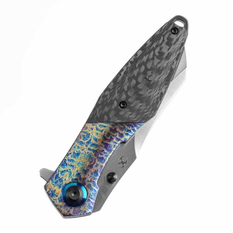 Thumb Stub Mistaken Lightning Strike Finish Titanium and Twill Carbon Fiber with Timascus Clip (3.15" CPM 20CV) Jonathan Styles Design- K1053A4 Black/Purple | Folding Pocket Knives