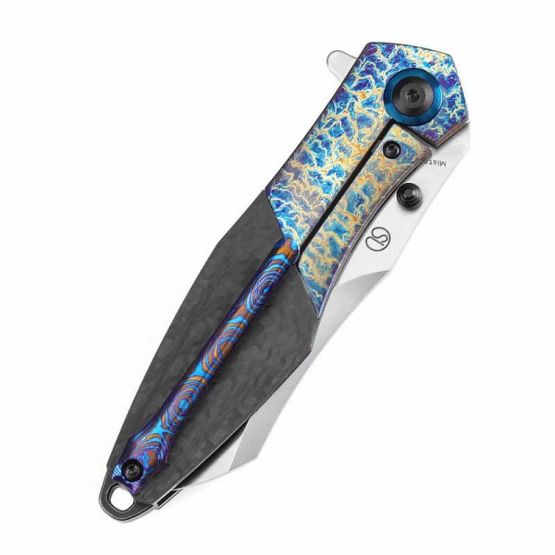 Thumb Stub Mistaken Lightning Strike Finish Titanium and Twill Carbon Fiber with Timascus Clip (3.15" CPM 20CV) Jonathan Styles Design- K1053A4 Black/Purple | Folding Pocket Knives