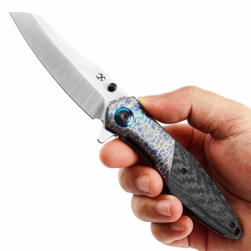 Thumb Stub Mistaken Lightning Strike Finish Titanium and Twill Carbon Fiber with Timascus Clip (3.15" CPM 20CV) Jonathan Styles Design- K1053A4 Black/Purple | Folding Pocket Knives