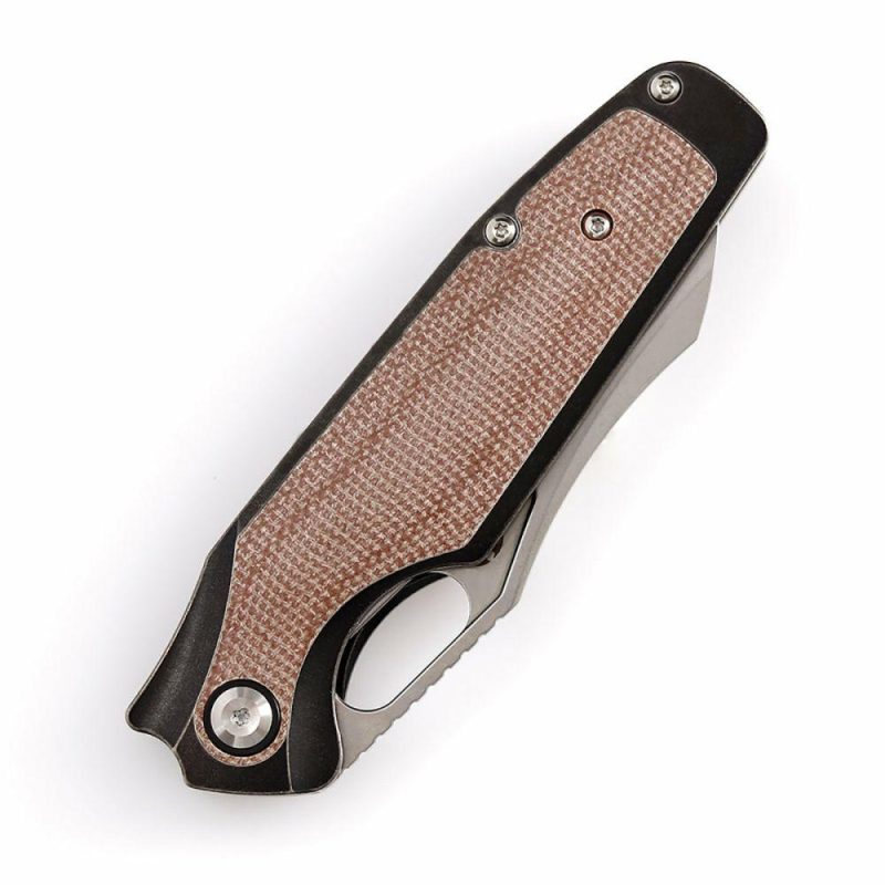 Tuckamore Thumb Hole Knife Stonewashed Titanium + Brown Micarta Handle (3.54" CPM 20CV Blade) -K1052A4 Brown | Folding Pocket Knives