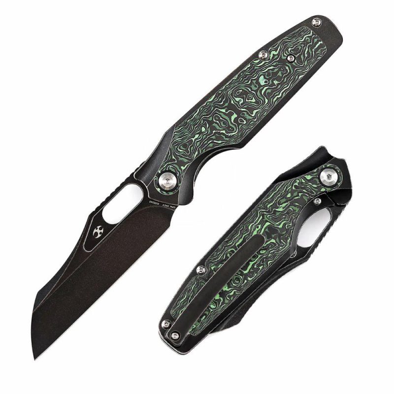 Tuckamore Thumb Hole Knife Stonewashed Titanium +Green Carbon Fiber Handle (3.54" CPM 20CV Blade) -K1052A3 Black/Green | Folding Pocket Knives