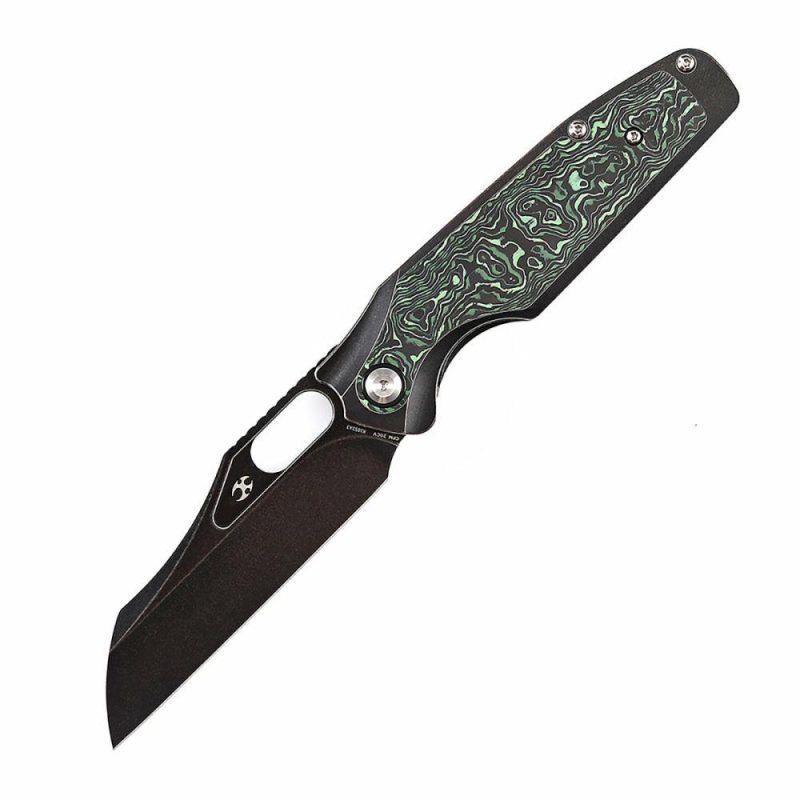 Tuckamore Thumb Hole Knife Stonewashed Titanium +Green Carbon Fiber Handle (3.54" CPM 20CV Blade) -K1052A3 Black/Green | Folding Pocket Knives