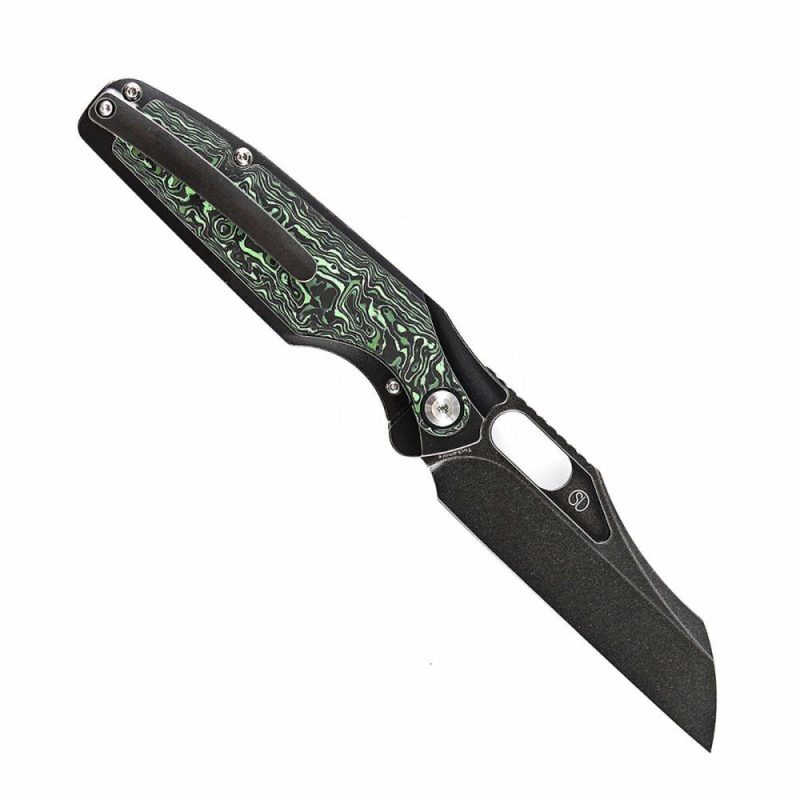 Tuckamore Thumb Hole Knife Stonewashed Titanium +Green Carbon Fiber Handle (3.54" CPM 20CV Blade) -K1052A3 Black/Green | Folding Pocket Knives