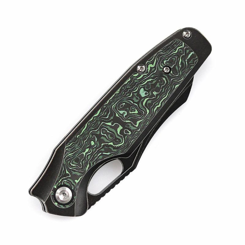 Tuckamore Thumb Hole Knife Stonewashed Titanium +Green Carbon Fiber Handle (3.54" CPM 20CV Blade) -K1052A3 Black/Green | Folding Pocket Knives