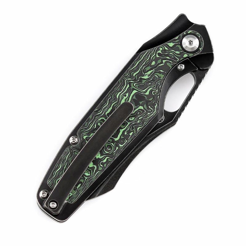 Tuckamore Thumb Hole Knife Stonewashed Titanium +Green Carbon Fiber Handle (3.54" CPM 20CV Blade) -K1052A3 Black/Green | Folding Pocket Knives