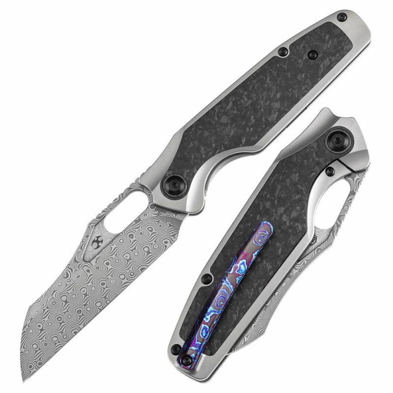 Tuckamore Thumb Hole Knife Titanium and Shred Carbon Fiber Brown Micarta Handle (3.54" Damascus Blade) with Timascus Clip -K1052A5 Gray | Folding Pocket Knives