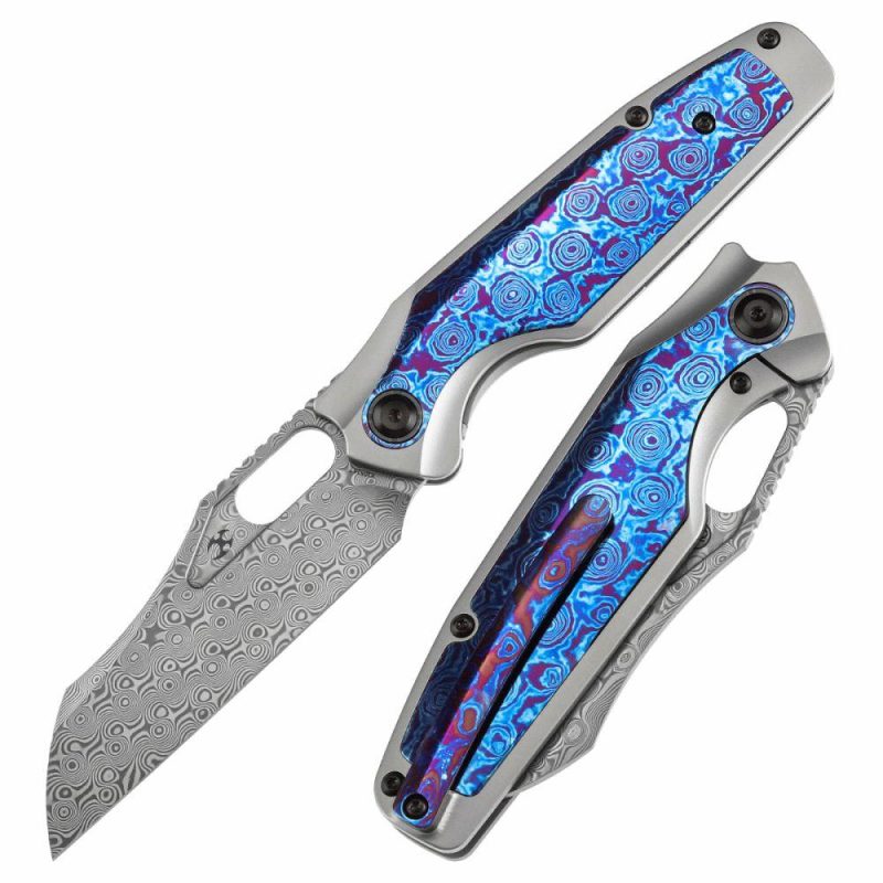 Tuckamore Thumb Hole Knife Titanium and Timascus Handle (3.54" Damascus Blade) with Timascus Clip -K1052A7 Plain Purple | Folding Pocket Knives