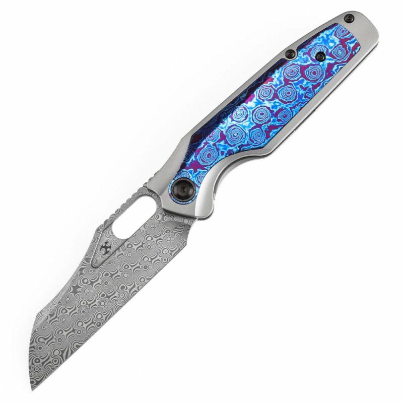 Tuckamore Thumb Hole Knife Titanium and Timascus Handle (3.54" Damascus Blade) with Timascus Clip -K1052A7 Plain Purple | Folding Pocket Knives