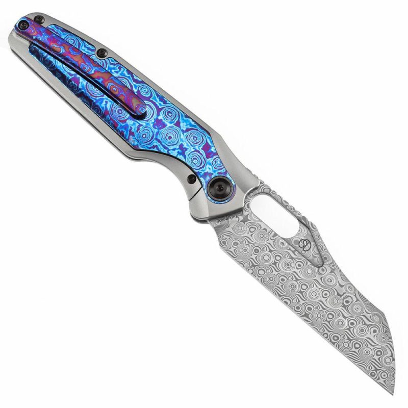 Tuckamore Thumb Hole Knife Titanium and Timascus Handle (3.54" Damascus Blade) with Timascus Clip -K1052A7 Plain Purple | Folding Pocket Knives