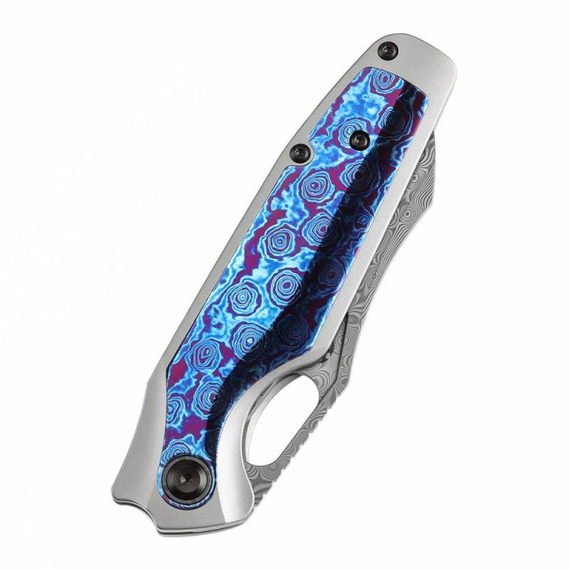 Tuckamore Thumb Hole Knife Titanium and Timascus Handle (3.54" Damascus Blade) with Timascus Clip -K1052A7 Plain Purple | Folding Pocket Knives