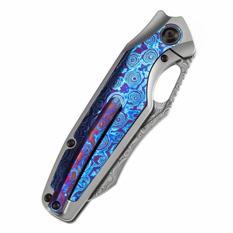 Tuckamore Thumb Hole Knife Titanium and Timascus Handle (3.54" Damascus Blade) with Timascus Clip -K1052A7 Plain Purple | Folding Pocket Knives